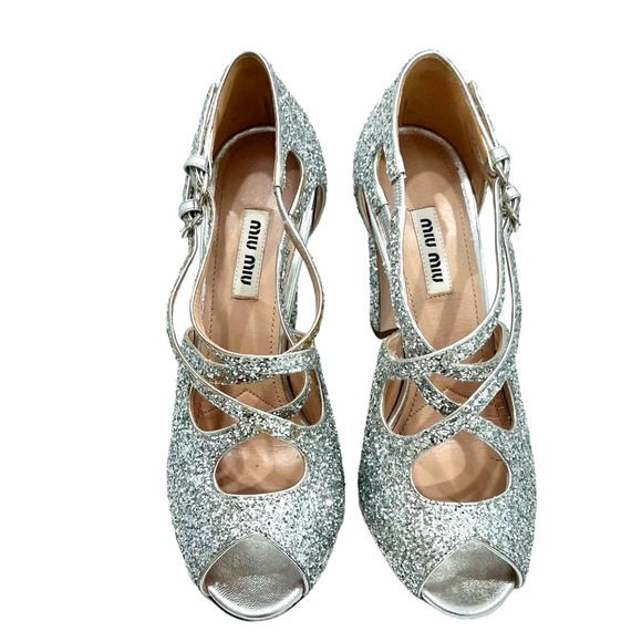 MIU MIU SILVER GLITTER OPEN TOE 2 STRAP CRISS CROSS 4" HEEL SANDALSl - Picture 2 of 16